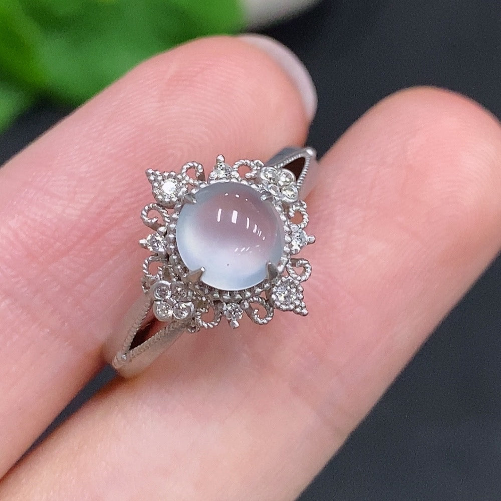 HUILIU HQ jadeite cabochon ring in 18k gold with diamond accents, size 14, featuring a smooth green jade centerpiece.