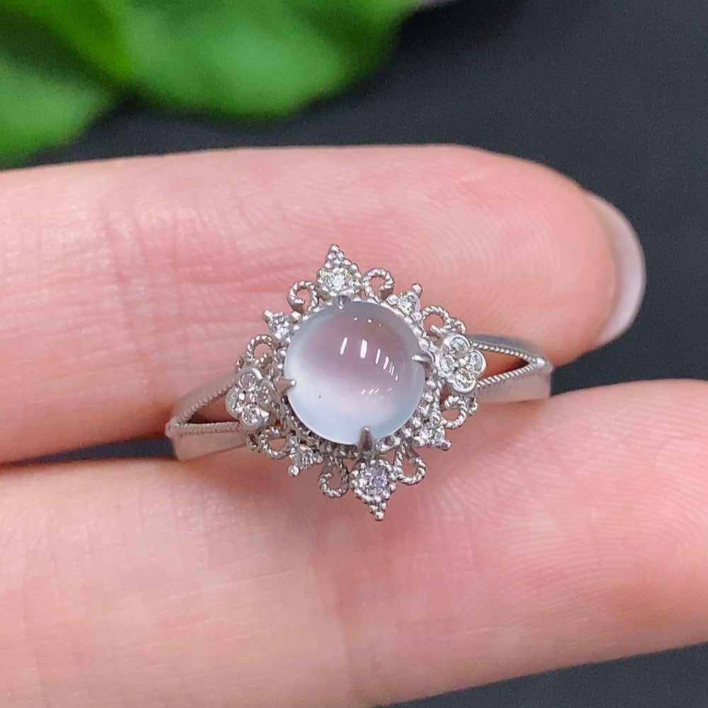 HUILIU HQ Jadeite cabochon ring in 18k gold with diamond accents, size 14, approximately 2g weight, elegant and luxurious jewelry piece.