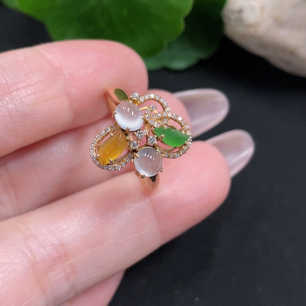 HUILIU HQ jadeite cabochon solitaire ring in 18K gold with diamond accents, size 15, weighing approx. 2.7g.