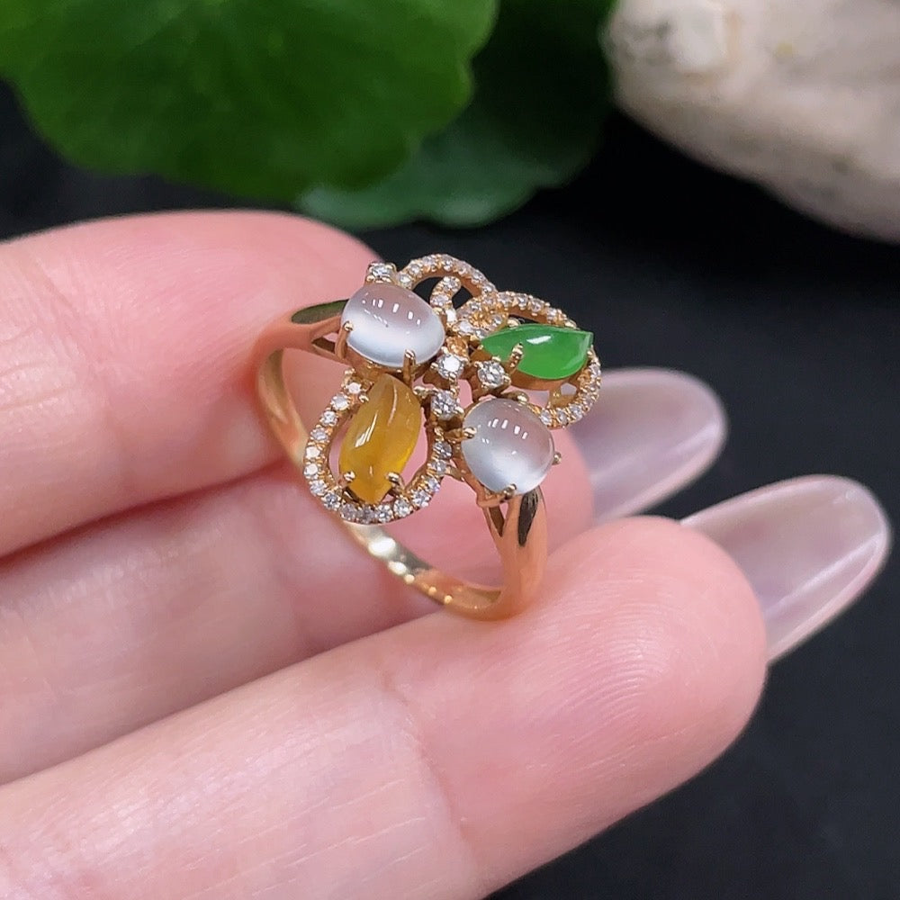HUILIU HQ jadeite cabochon solitaire ring in 18K gold with diamond accents, size 15, 2.7g weight, showcasing elegant jewelry design.