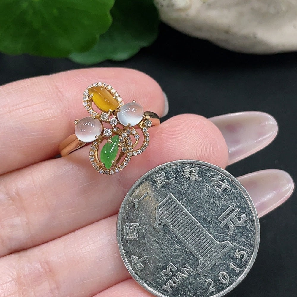 HUILIU HQ jadeite cabochon solitaire ring in 18K gold with diamond accents, size 15, showcasing a smooth green jade gemstone.