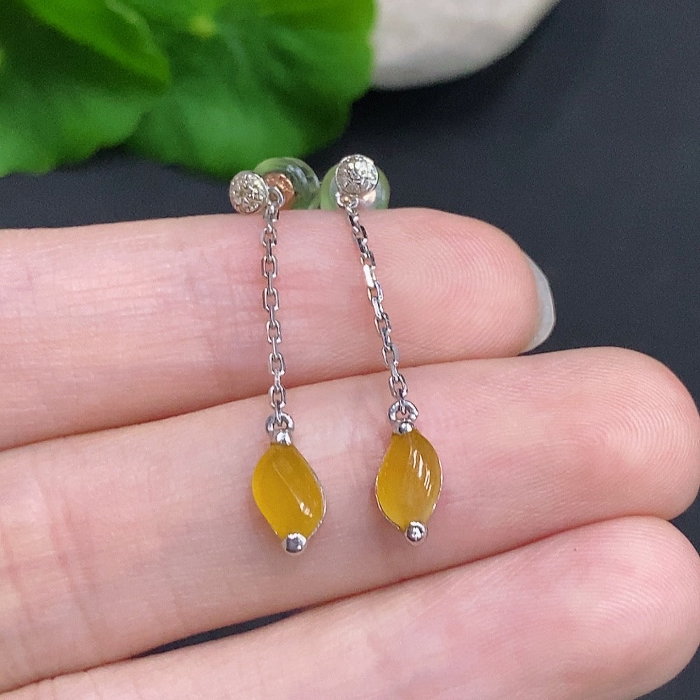 HUILIU HQ Jadeite cabochon stud earrings in 18k gold, yellow color, showcasing smooth, rounded jade stones on each earring.