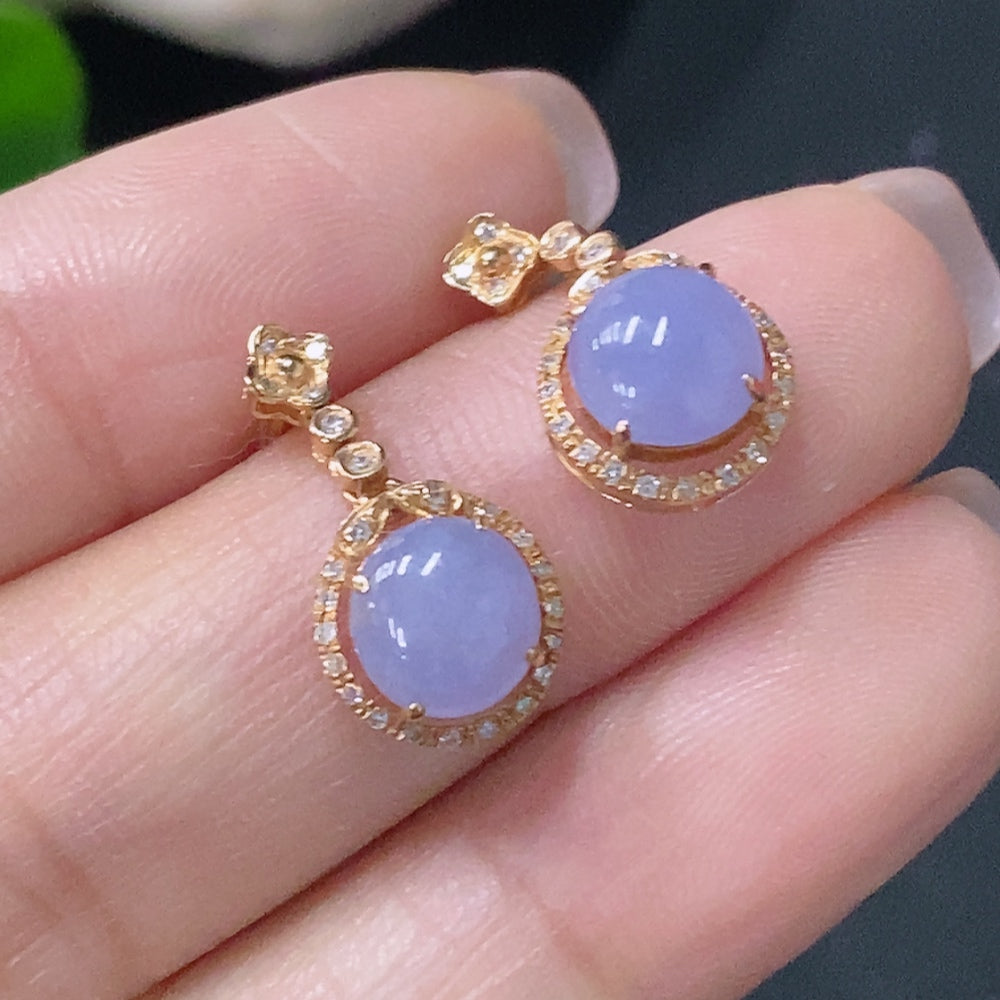 HUILIU HQ jadeite cabochon stud earrings with gold surface and diamond accents, weighing about 1.82g, no hallmark visible.