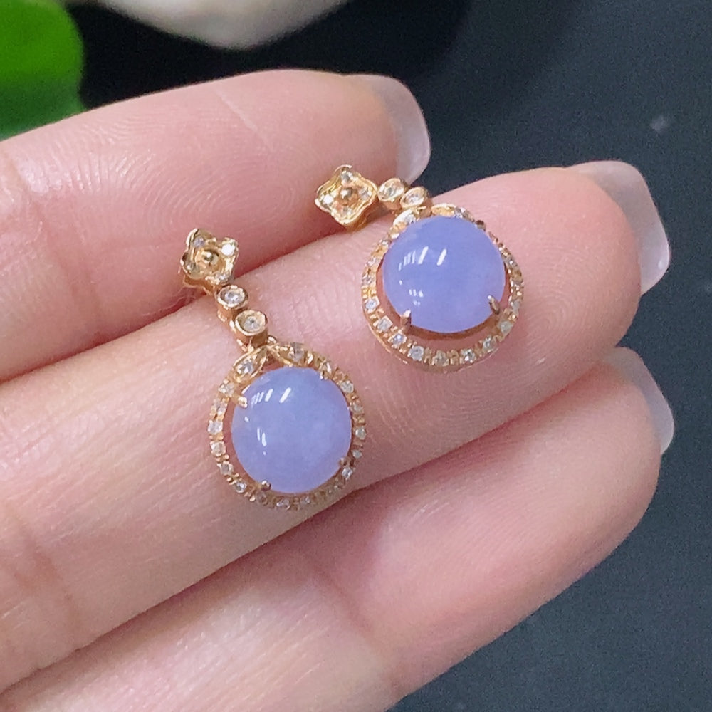 HUILIU HQ jadeite cabochon stud earrings with diamond accents, gold surface with approximately 75% gold content, 1.82g weight