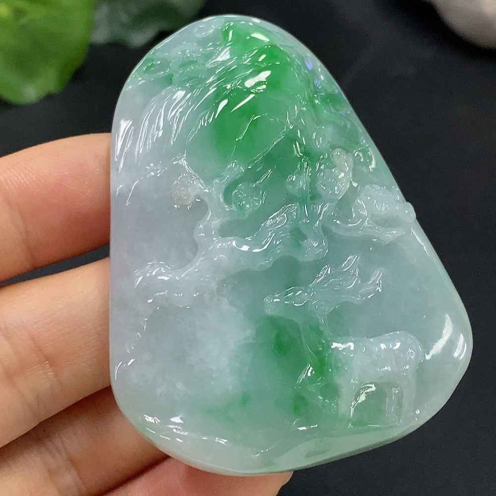 HUILIU HQ jadeite deer pendant, detailed carved jade jewelry, weighing 60.587g with intricate deer design