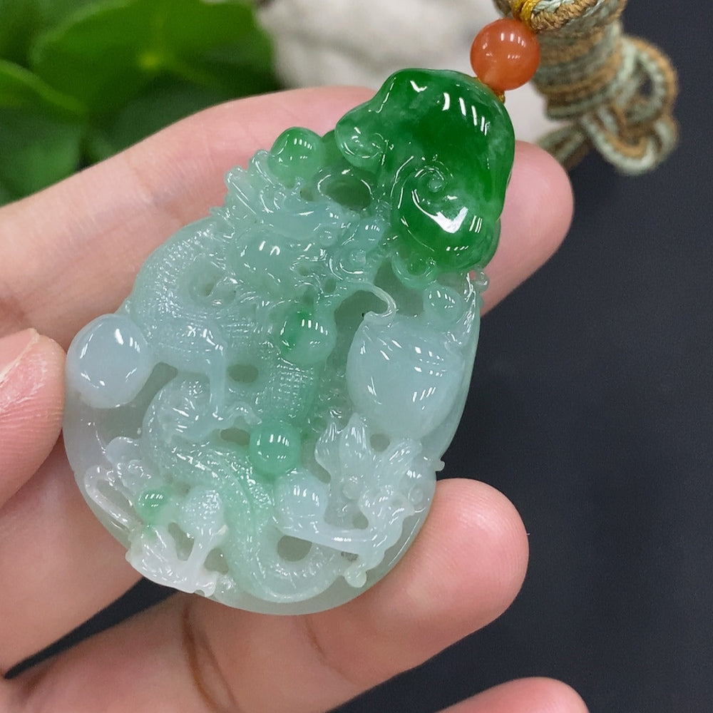 Jadeite dragon pendant with rope, handcrafted jade jewelry by HUILIU HQ, weighs approximately 25.6 grams.
