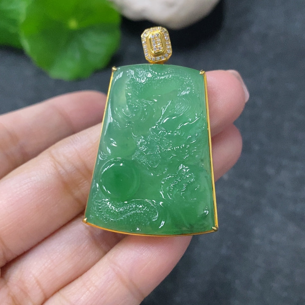 Huiliu Certified jadeite dragon pendant with diamond accents, showcasing detailed craftsmanship and vibrant green jade.