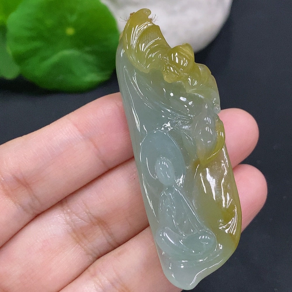 Jadeite Enlightenment Pendant by HUILIU HQ, featuring a smooth, polished green jade pendant with intricate carvings.