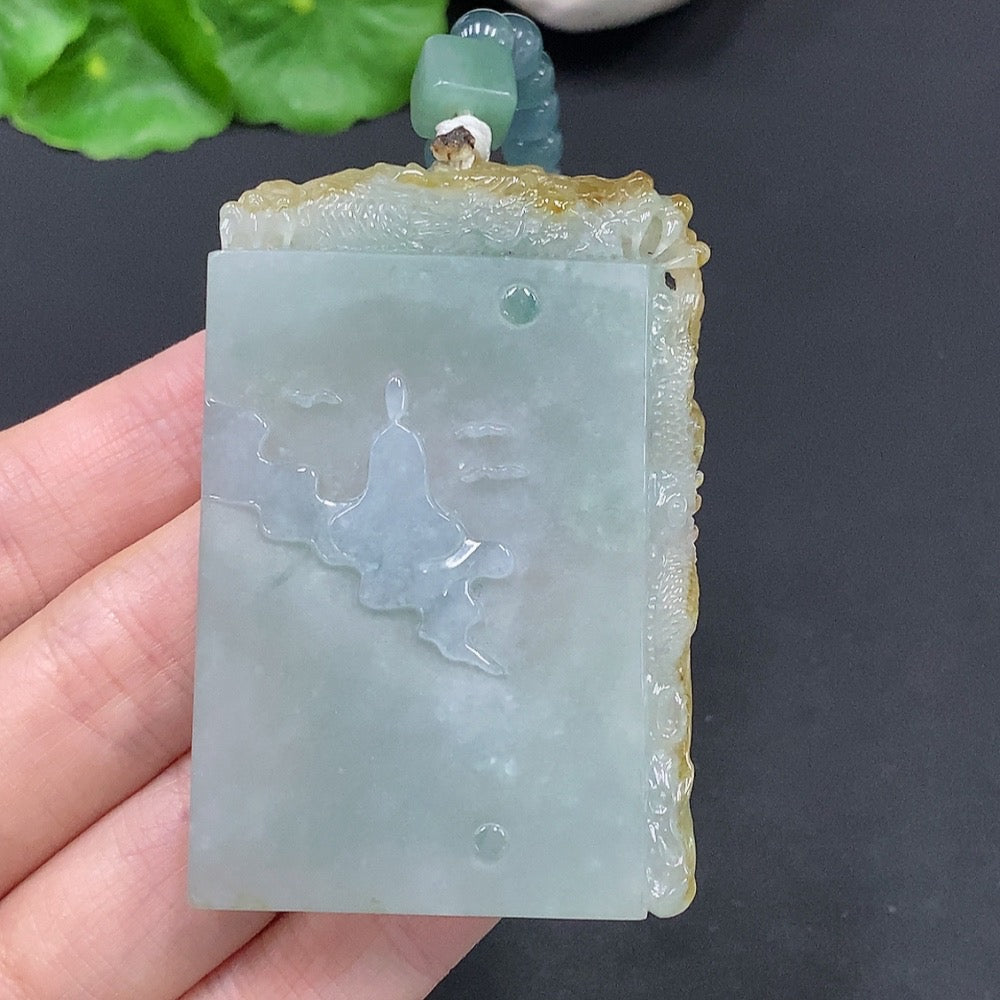 HUILIU HQ jadeite enlightenment pendant, approximately 90g including rope, with undetermined color origin, showcasing smooth jade surface.