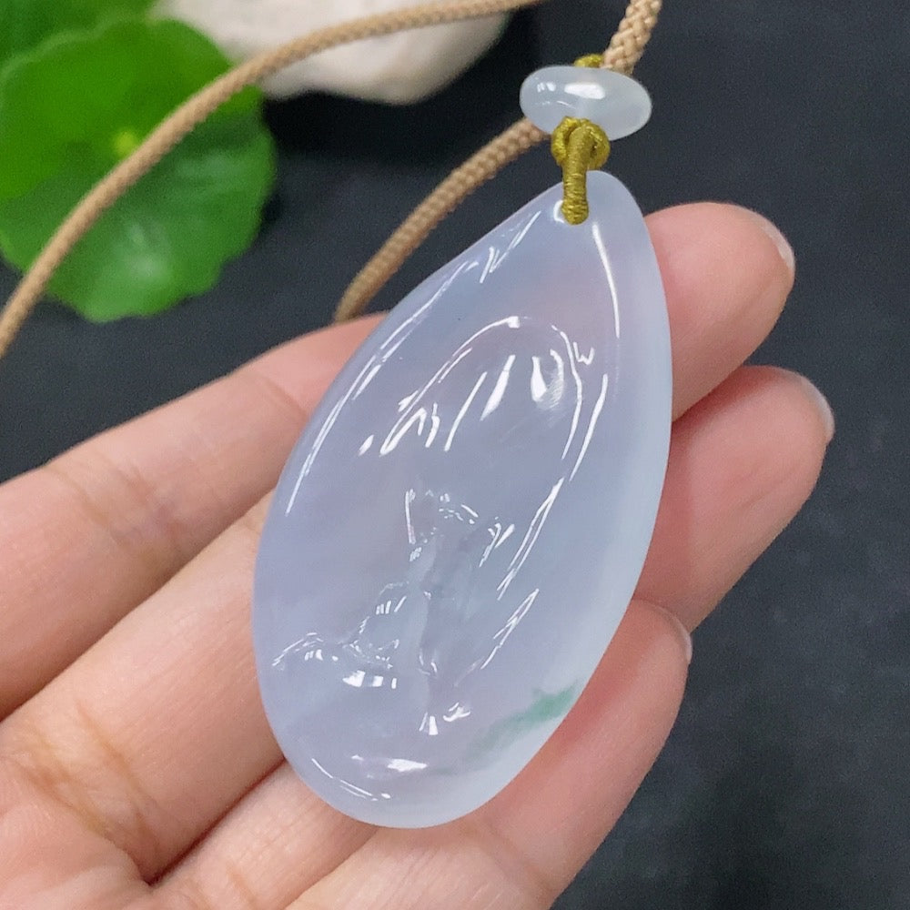Jadeite Guanyin pendant with a formless design, crafted by HUILIU HQ, featuring smooth jade stone and intricate carvings.