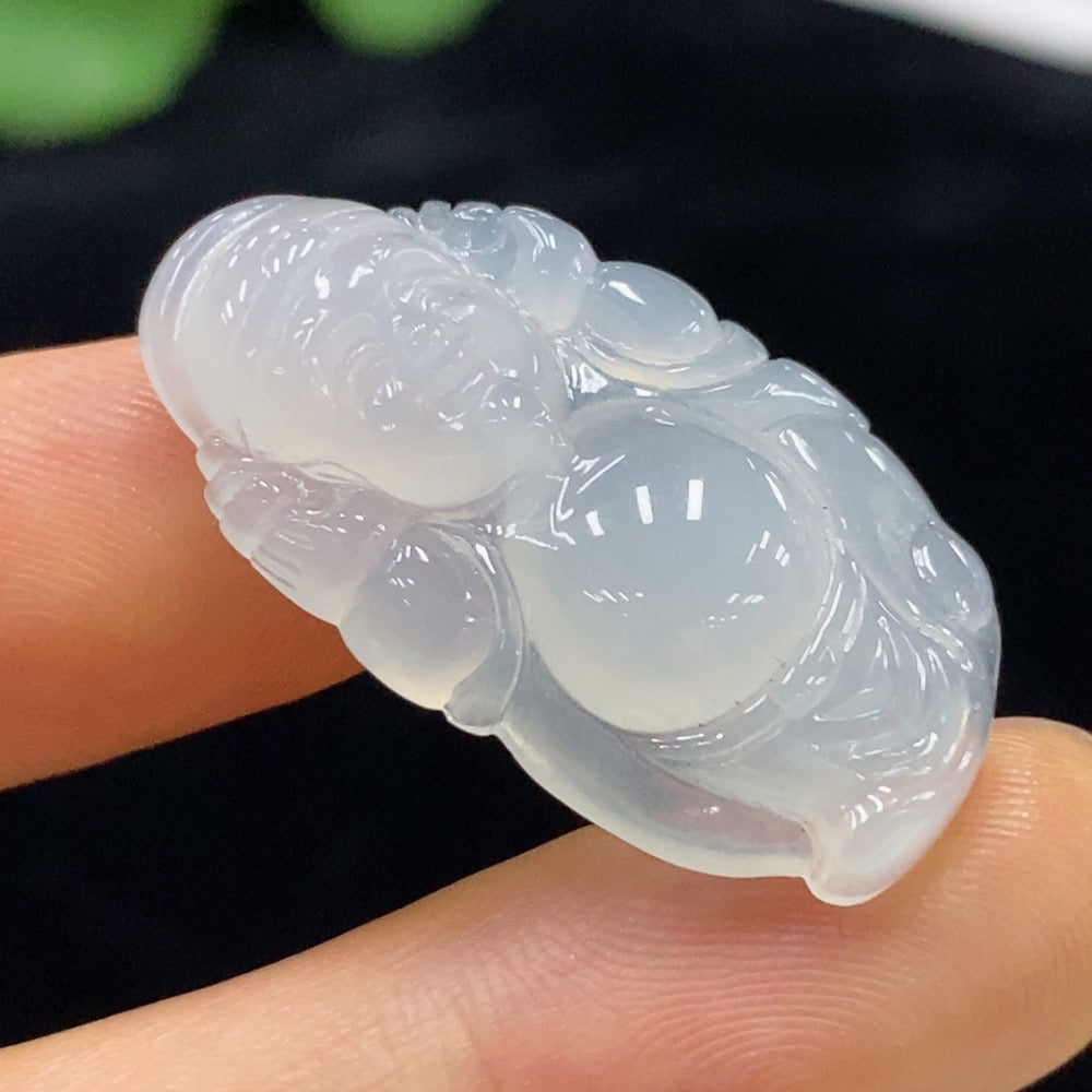 Jadeite God of Wealth pendant from HUILIU HQ, featuring a detailed jade carving, weighs approximately 5.07g, on a black cord.