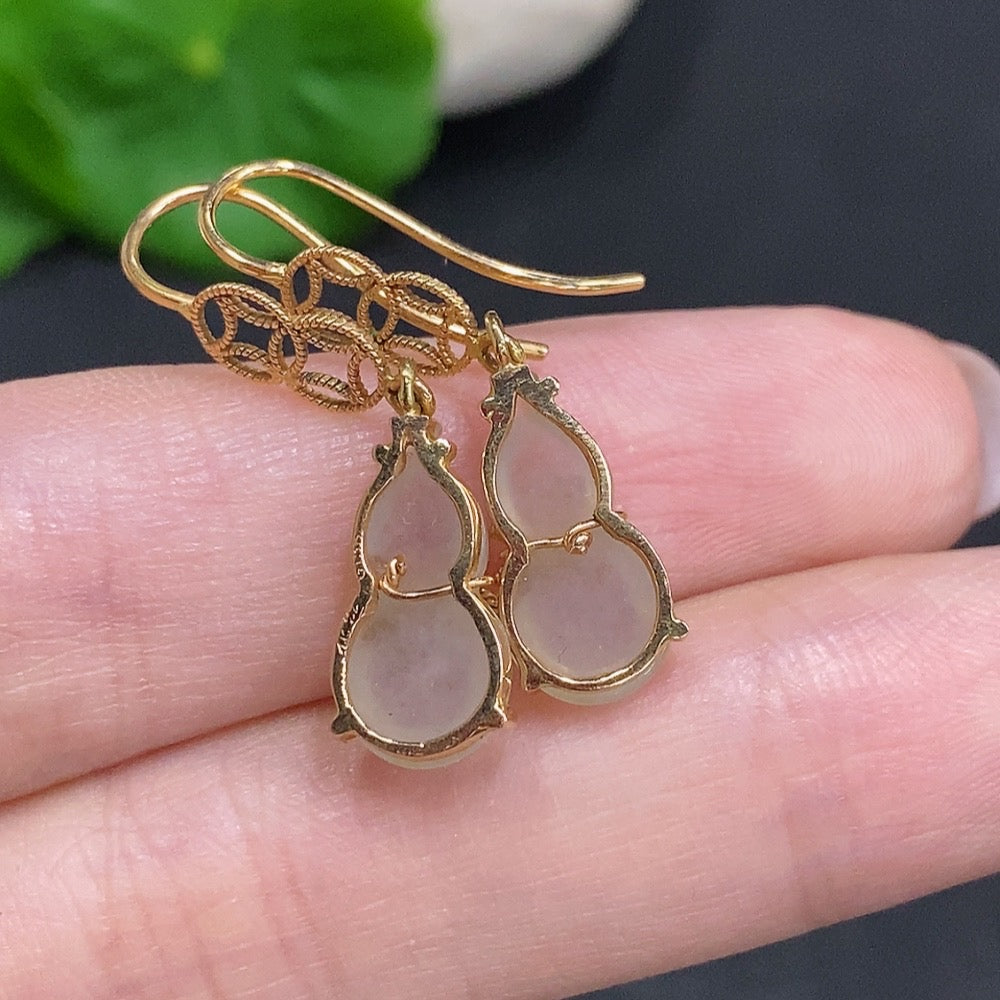Huiliu certified jadeite gourd inlaid earrings with intricate detailing, showcasing traditional jade craftsmanship.