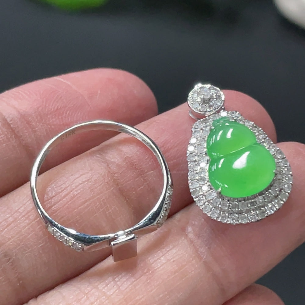 HUILIU HQ jadeite gourd pendant ring with 18k gold inlay, diamond accents, dual-purpose style, size 14, weight 3.45g
