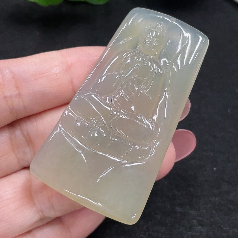 Jadeite Great Solar Tathagata pendant by HUILIU HQ, intricate jade carving, weighs approximately 19.6g, showcasing detailed craftsmanship.