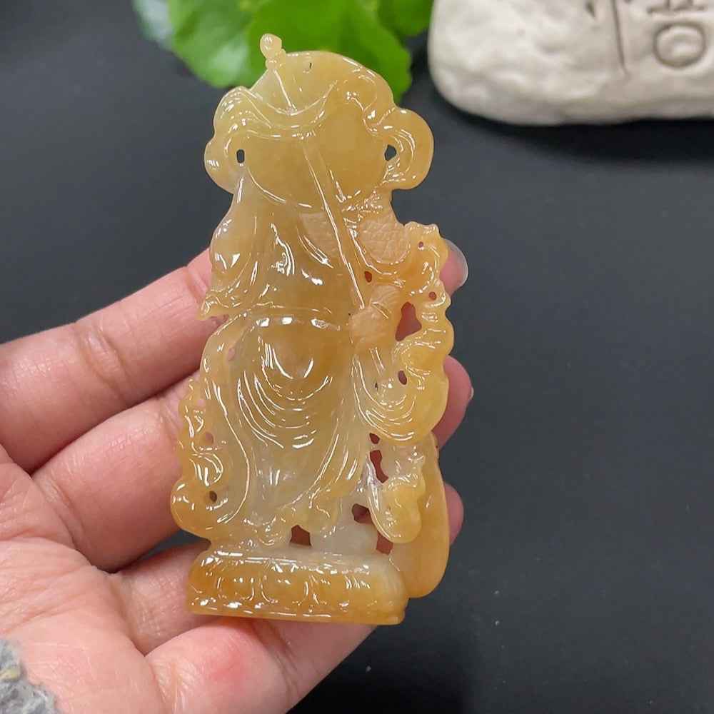 Huiliu Jadeite Guan Gong pendant in undetermined color, crafted from high-quality jade, Huiliu Certified, detailed carving visible.