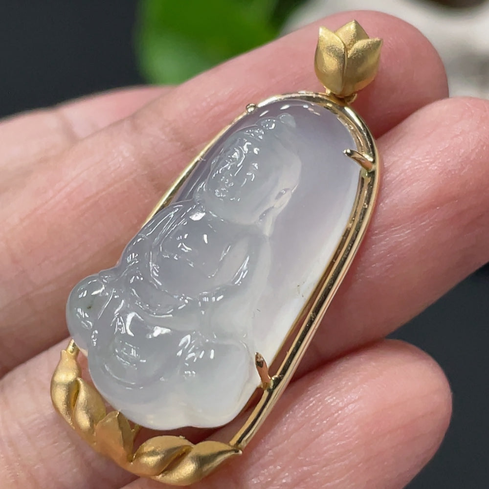 Jadeite Guanyin pendant in 18K gold inlay, crafted from green jade with detailed carvings, weighs approximately 8.96 grams.