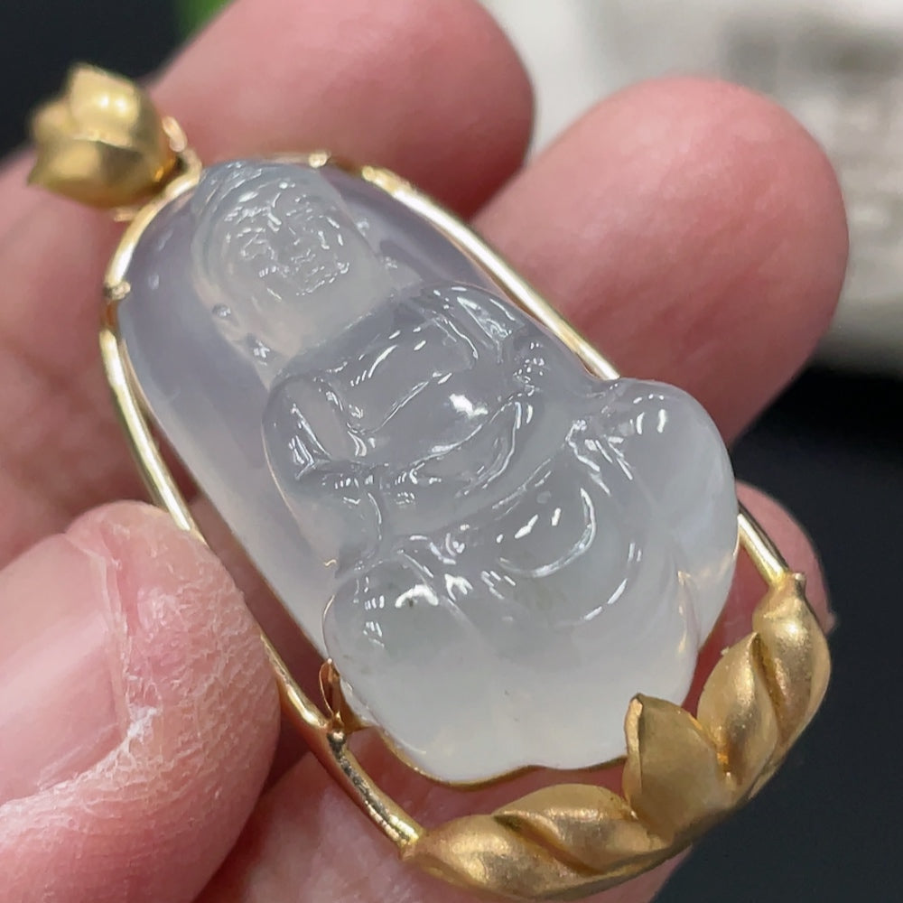 Jadeite Guanyin pendant in 18K gold inlay with detailed carved figure, weighing approximately 8.96g, from HUILIU HQ.