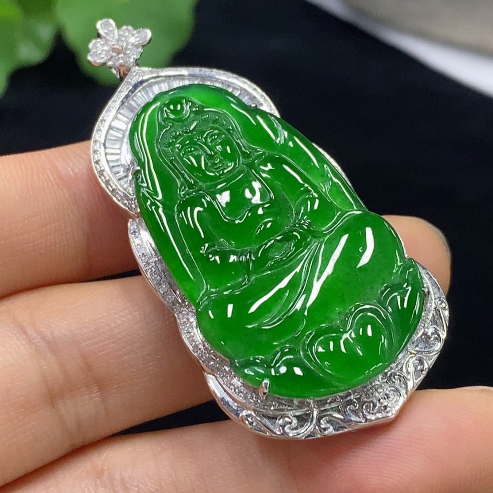 Huiliu Jadeite Guanyin pendant with diamond accents, featuring intricate carvings and a polished jade surface, certified by Huiliu HQ
