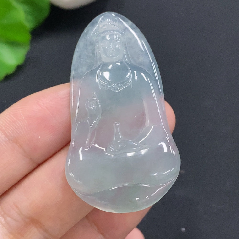 Jadeite Guanyin inlaid sculpture by HUILIU HQ, approximately 9.6g, showcasing detailed craftsmanship in smooth jade material.