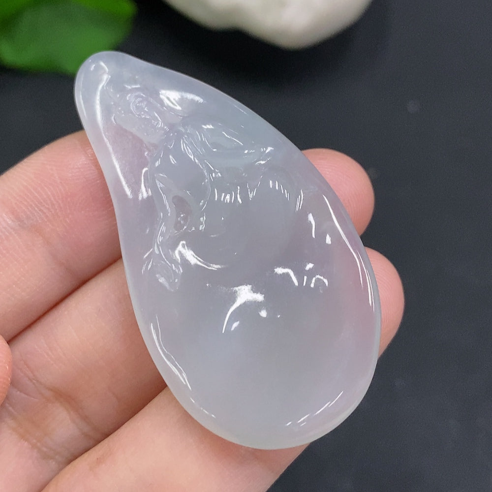 Huiliu HQ Jadeite Guanyin pendant, carved jade sculpture featuring the Bodhisattva figure, about 3 inches tall, natural green hue.