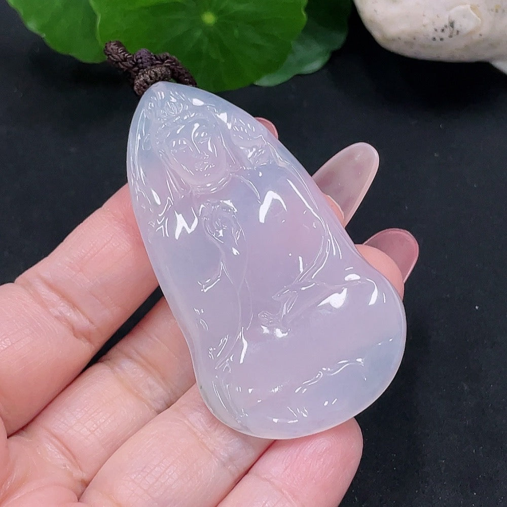 Huiliu HQ jadeite Guanyin pendant with rope weight, crafted from green jade, certified by Huiliu, detailed and polished.