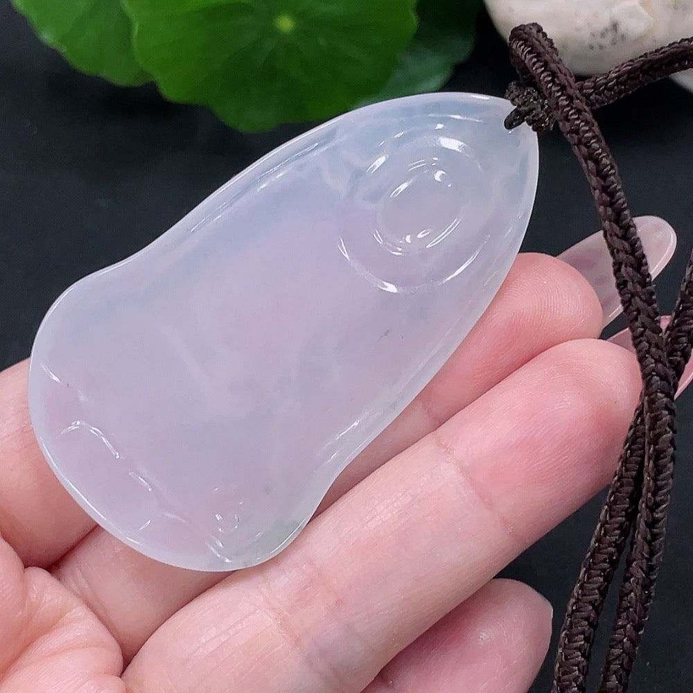 Huiliu HQ jadeite Guanyin pendant with rope weight, crafted from green jade, certified by Huiliu for quality and authenticity.