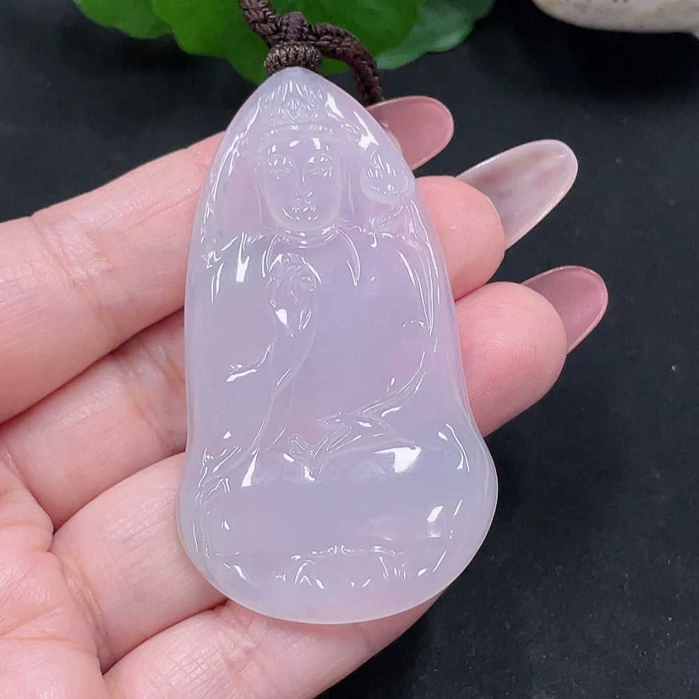 Huiliu Certified Jadeite Guanyin pendant with rope weight, showcasing detailed carving and smooth green jade surface.