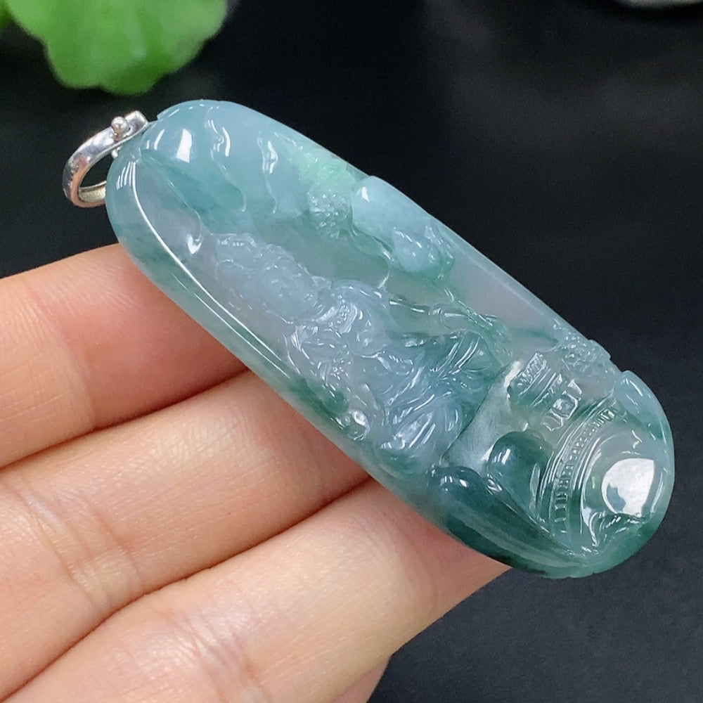 Jadeite Guanyin pendant from HUILIU HQ, featuring a detailed carved figure, weighs approximately 24.11g, with a non-gold fastener.
