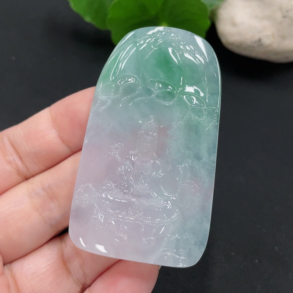 Jadeite Guanyin pendant crafted from green jade, weighing approximately 28.8g, featuring intricate carved details.