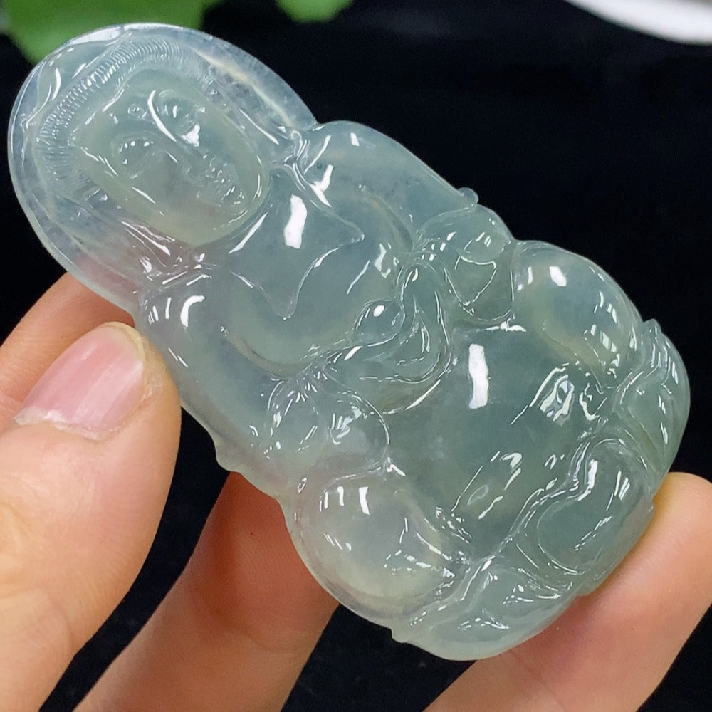 Jadeite Guanyin pendant from HUILIU HQ, featuring a detailed carved figure, weighs approximately 30.36g, crafted from high-quality jade.