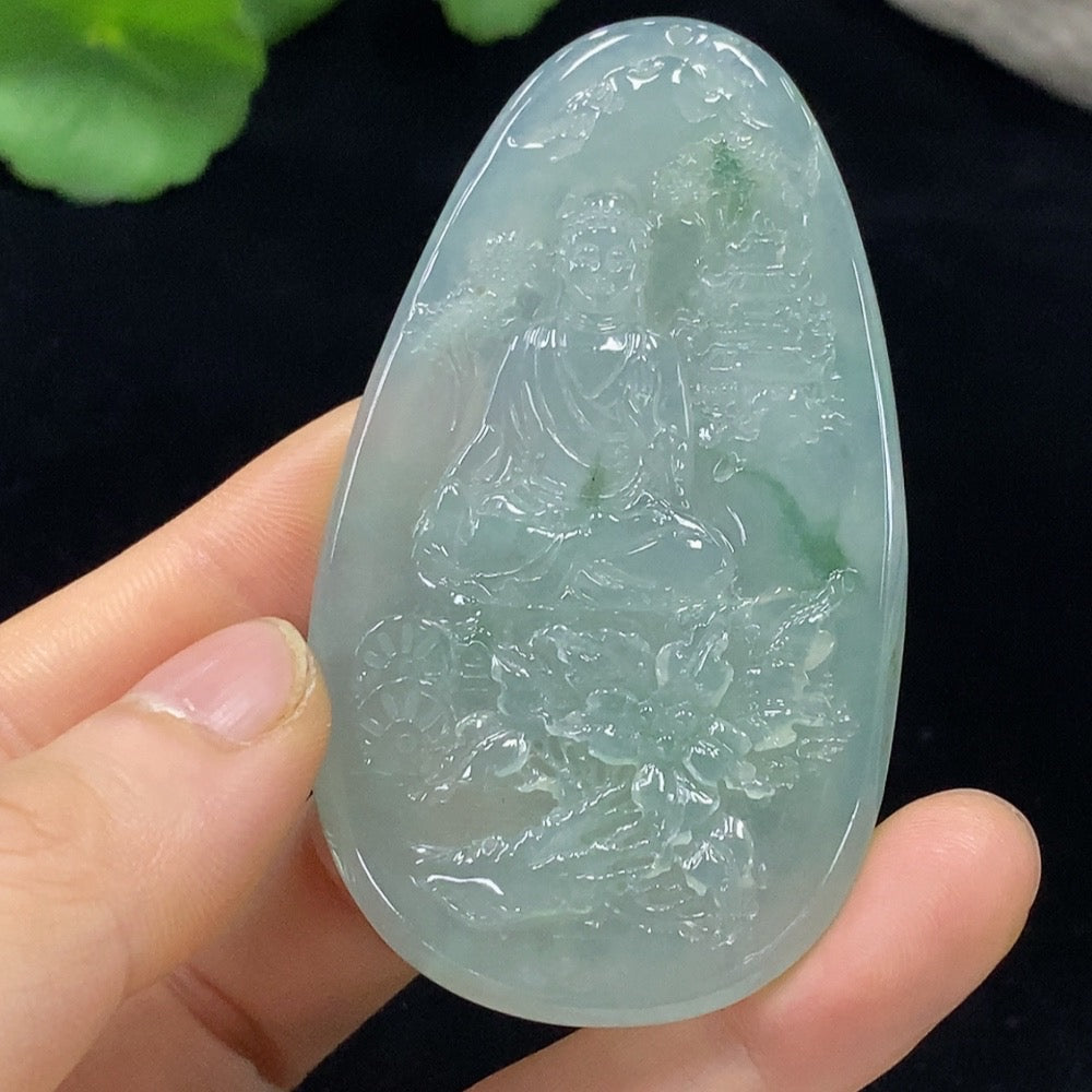 Jadeite Guanyin pendant from HUILIU HQ, detailed carved figure, weighing approximately 36.45g, featuring vibrant green jade material.