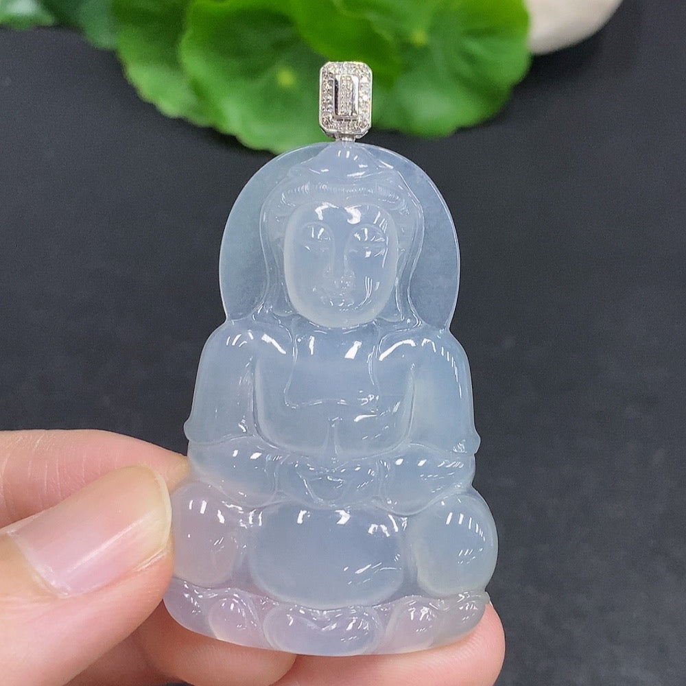 Jadeite Guanyin pendant with 18K gold clasp and diamond accents, crafted from green jade, weighs approximately 14g.