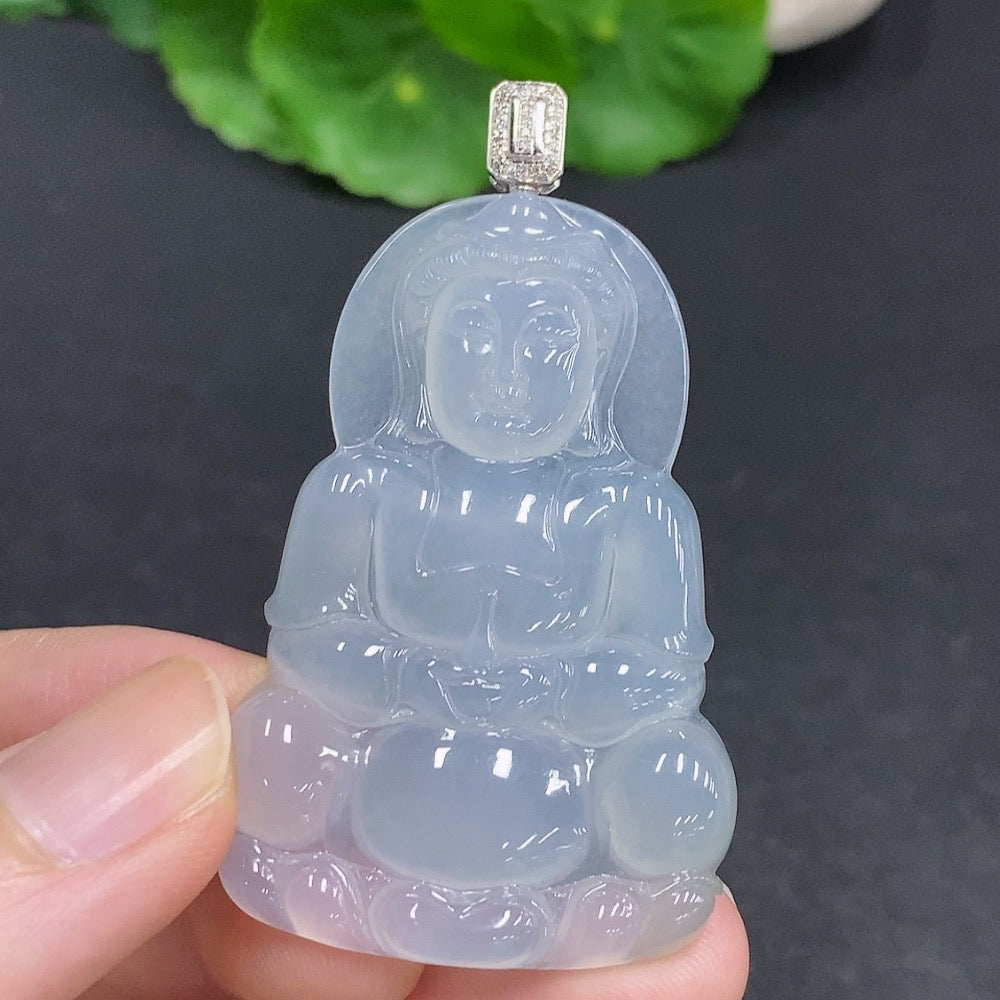 Jadeite Guanyin pendant with 18K gold clasp and diamond accents, crafted from green jade, weighing around 14g, by HUILIU HQ.