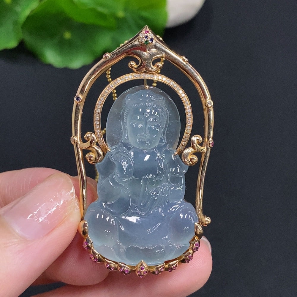 Huiliu Jadeite Guanyin pendant with colorless diamonds, carved jade statue, non-chain jewelry, Huiliu certified, elegant and detailed.