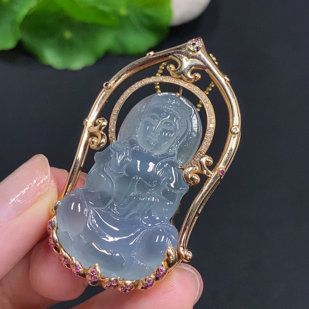 Huiliu Jadeite Guanyin pendant with colorless diamonds, set without chain, featuring intricate carved jade image, certified by HUILIU HQ.