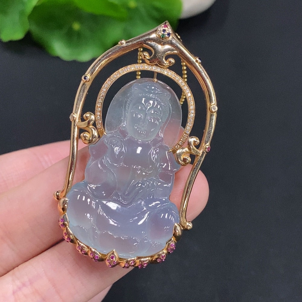 Huiliu Jadeite Guanyin pendant with colorless diamonds, non-chain, intricately carved jade, Huiliu certified religious jewelry