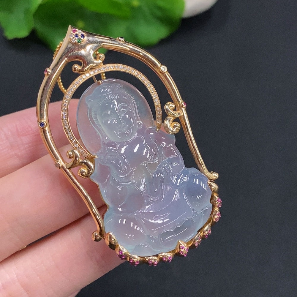Huiliu Jadeite Guanyin pendant with colorless diamonds, featuring a detailed carved jade figure, no chain included, certified by Huiliu.