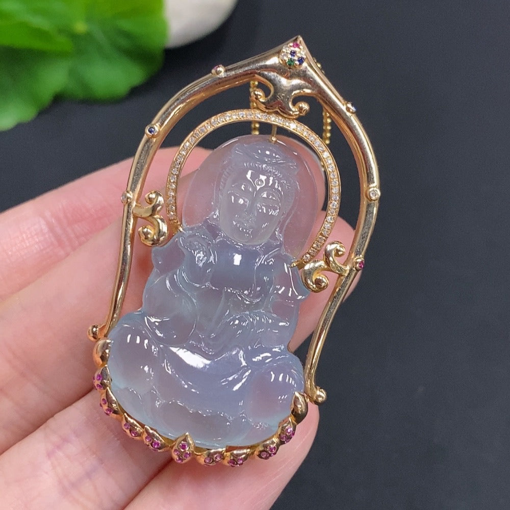 Huiliu Jadeite Guanyin pendant with colorless diamonds, crafted from jade, displayed without a chain in a close-up view.