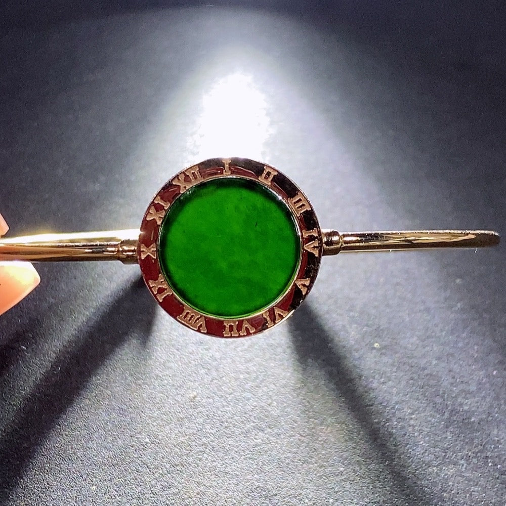 HUILIU HQ jadeite inlaid bangle with 18k gold, adjustable size, approximately 5g weight, showcasing intricate jade and gold design.
