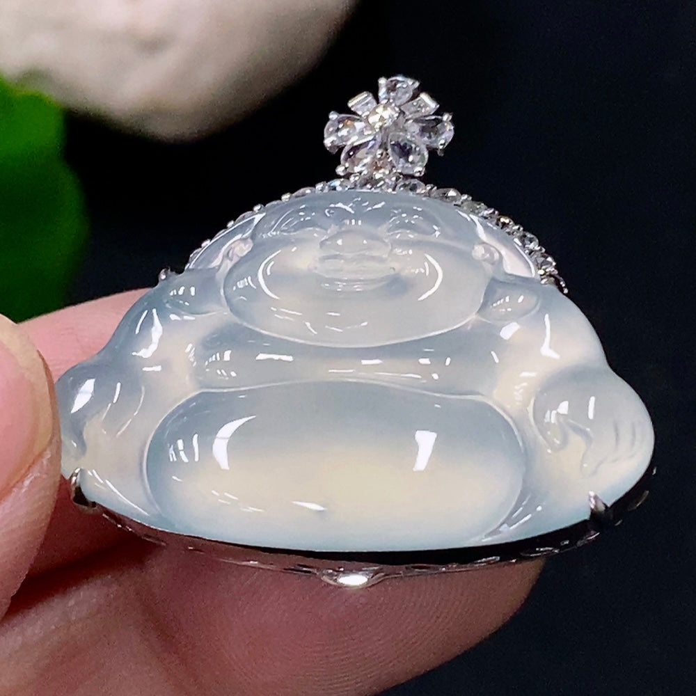 Jadeite inlaid Buddha pendant with diamond accents, crafted by HUILIU HQ, featuring a detailed Buddha figure on green jade.