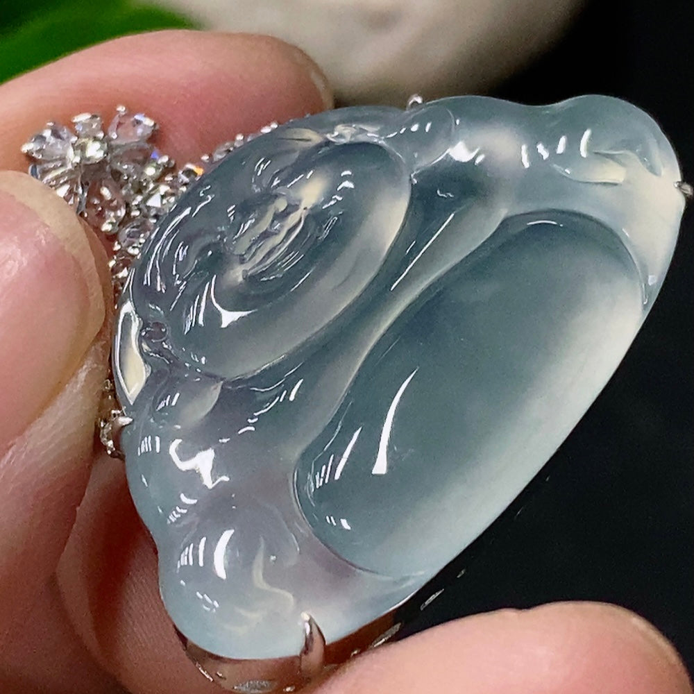 Jadeite inlaid Buddha pendant with diamond accents, crafted by HUILIU HQ, weighs approx. 10.22g, featuring intricate jade and gold design.
