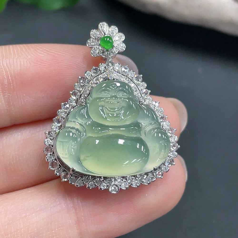 Huiliu Certified Jadeite Buddha pendant with intricate inlaid design, showcasing smooth jade surface and detailed Buddha carving.