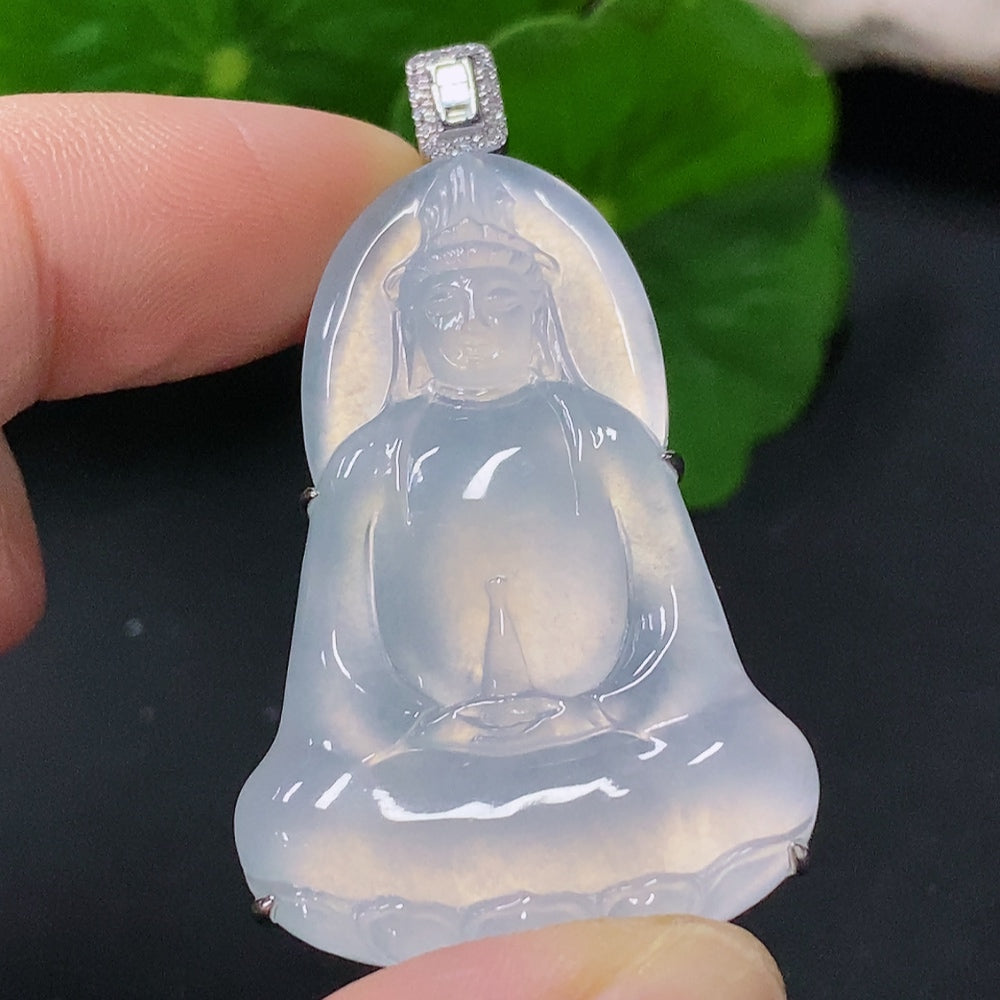 Jadeite inlaid Guanyin pendant in 18k gold with diamond accents, weighing approximately 9.74g, by HUILIU HQ.