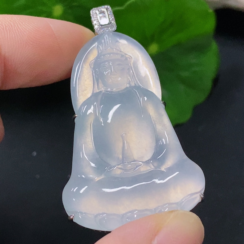 Jadeite inlaid Guanyin pendant with 18k gold and diamond accents, crafted by HUILIU HQ, weighs approximately 9.74 grams.