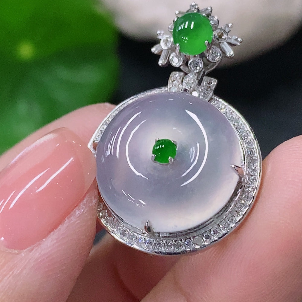 Jadeite peace pendant with 18K gold and diamond accents, showcasing intricate inlay and elegant design.