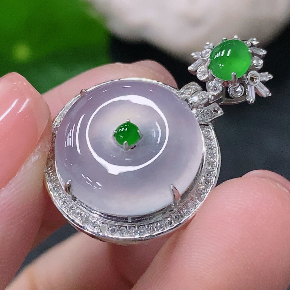 Jadeite inlaid peace pendant with 18K gold and diamond accents, showcasing intricate craftsmanship and elegant design.