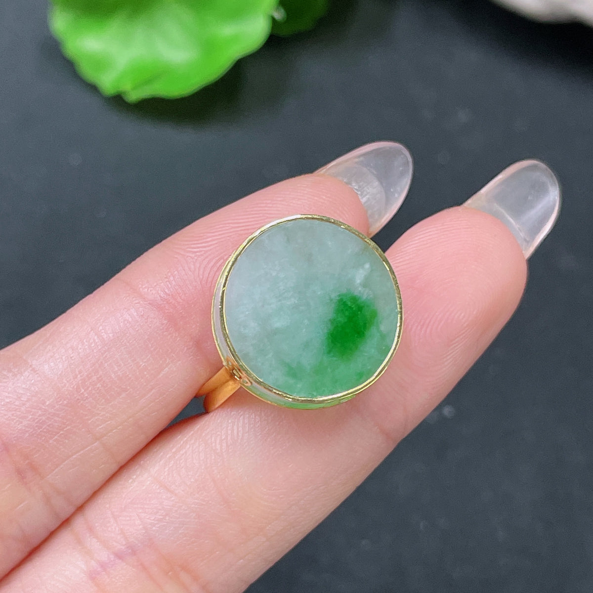 Huiliu Certified jadeite inlaid ring band with 66% jade, featuring a smooth, polished band showcasing intricate jade inlay design.