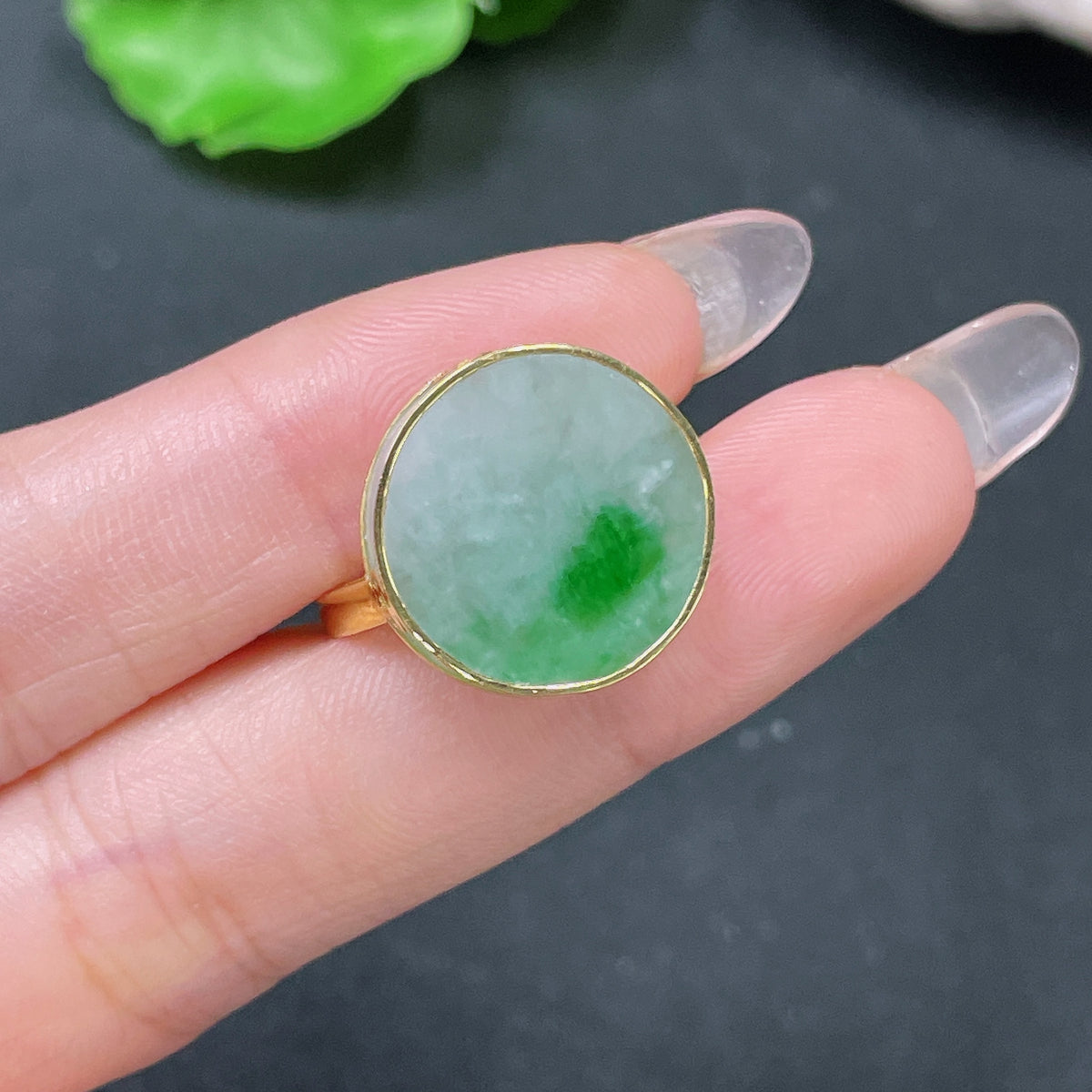 Huiliu HQ jadeite inlaid ring band with 66% jade content, featuring intricate design and certified quality, displayed on a white background.