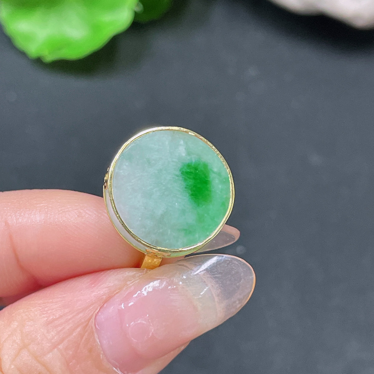 HUILIU HQ jadeite inlaid ring band with 66% jade, featuring intricate craftsmanship and natural green jade appearance.