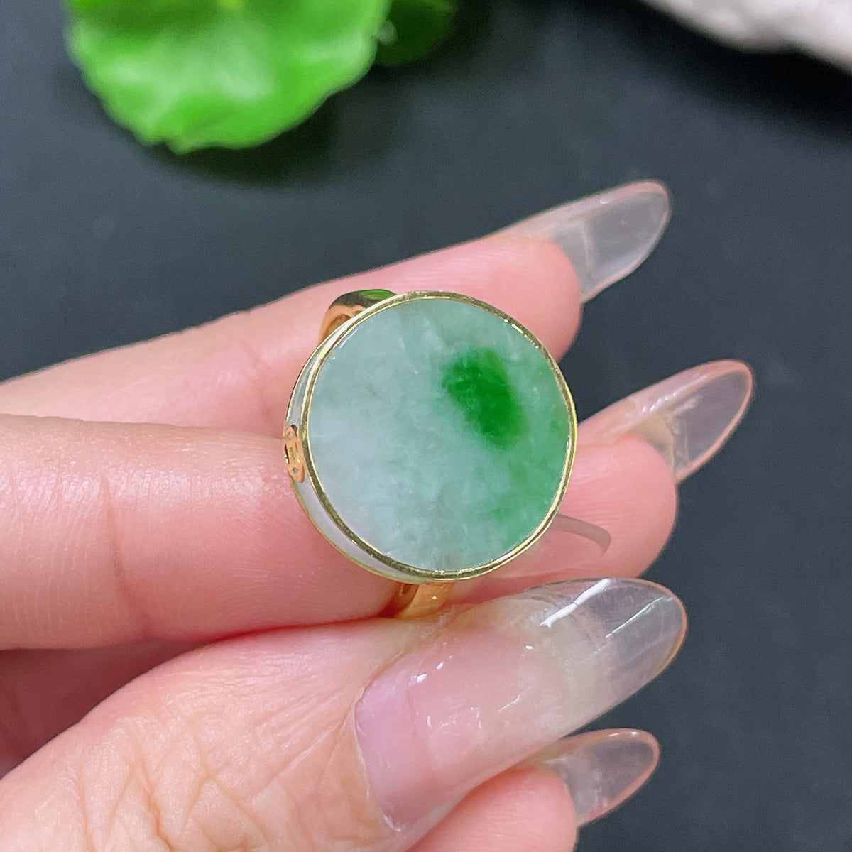 Huiliu certified jadeite inlaid ring band with 66% jade, featuring intricate inlay design and smooth band finish.